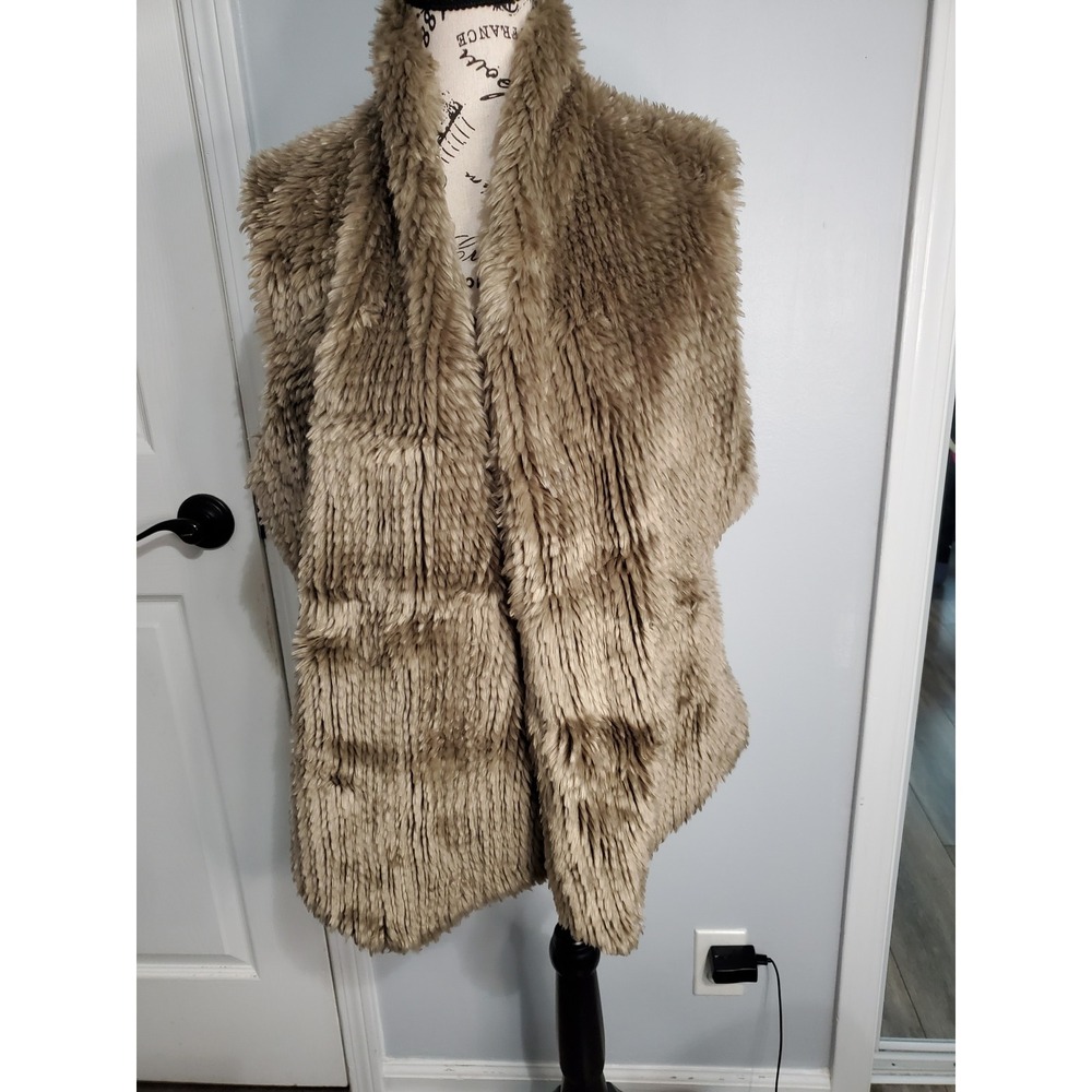 Express Faux Fur Vest Tan Brown Shaggy Open Front Sleeveless Jacket Womens ML